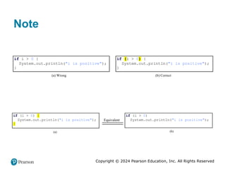 Copyright © 2024 Pearson Education, Inc. All Rights Reserved
Note
if i > 0 {
System.out.println("i is positive");
}
(a) Wrong (b) Correct
if (i > 0) {
System.out.println("i is positive");
}
if (i > 0) {
System.out.println("i is positive");
}
(a)
Equivalent
(b)
if (i > 0)
System.out.println("i is positive");
 