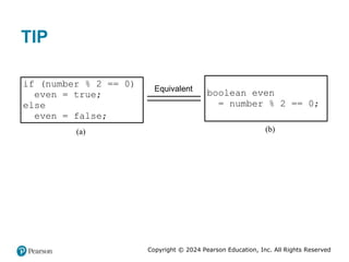 Copyright © 2024 Pearson Education, Inc. All Rights Reserved
TIP
if (number % 2 == 0)
even = true;
else
even = false;
(a)
Equivalent boolean even
= number % 2 == 0;
(b)
 