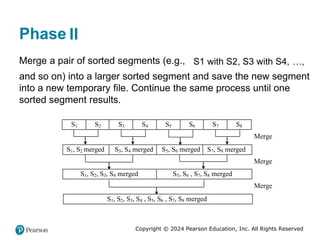 Copyright © 2024 Pearson Education, Inc. All Rights Reserved
Phase Two
II
Merge a pair of sorted segments (e.g., S1 with S2, S3 with S4, ,
and so on) into a larger sorted segment and save the new segment
into a new temporary file. Continue the same process until one
sorted segment results.
S1 S2 S3 S4 S5 S6 S7 S8
Sk
S1, S2 merged S3, S4 merged S5, S6 merged S7, S8 merged
S1, S2, S3, S4 merged S5, S6 , S7, S8 merged
S1, S2, S3, S4 , S5, S6 , S7, S8 merged
Merge
Merge
Merge
 