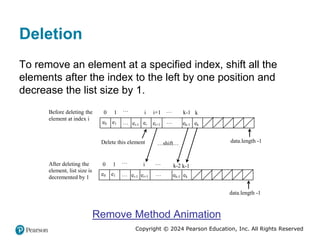 Copyright © 2024 Pearson Education, Inc. All Rights Reserved
Deletion
To remove an element at a specified index, shift all the
elements after the index to the left by one position and
decrease the list size by 1.
e0
0 1 … i i+1 k-1
Before deleting the
element at index i
e1 … ei ei+1
…
… ek-1
data.length -1
Delete this element
e0
0 1 … i
After deleting the
element, list size is
decremented by 1
e1 …
…
… ek
data.length -1
ek
k
ei-1
ei-1
k-1
ei+1
k-2
ek-1
…shift…
Remove Method Animation
 