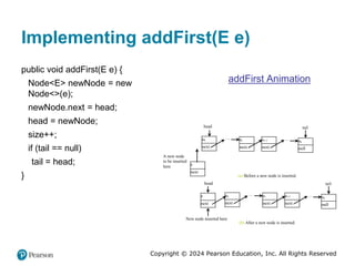Copyright © 2024 Pearson Education, Inc. All Rights Reserved
Implementing addFirst(E e)
public void addFirst(E e) {
Node<E> newNode = new
Node<>(e);
newNode.next = head;
head = newNode;
size++;
if (tail == null)
tail = head;
}
addFirst Animation
head
e0
next
…
A new node
to be inserted
here
ei
next
ei+1
next
tail
… ek
null
e
next
New node inserted here
(a) Before a new node is inserted.
(b) After a new node is inserted.
e0
next
… ei
next
ei+1
next
tail
… ek
null
e
next
head
 