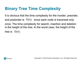 Copyright © 2024 Pearson Education, Inc. All Rights Reserved
Binary Tree Time Complexity
It is obvious that the time complexity for the inorder, preorder,
and postorder is  
O n , since each node is traversed only
once. The time complexity for search, insertion and deletion
is the height of the tree. In the worst case, the height of the
tree is  
O n .
 