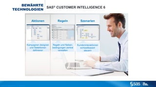 Für die Umsetzung eines kontextbasierten Ansatzes
stehen die bewährten SAS Customer Intelligence
Lösungen zur Verfügung. Auf einer integrierten Plattform
werden alle wichtigen Arbeitsschritte von der
Aktionsplanung, über die Optimierung von Kampagnen,
bis hin zu Echtzeit-Szenarien rollenbasiert unterstützt.
 