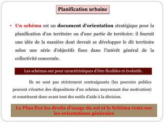 Planification urbaine
• Un schéma est un document d'orientation stratégique pour la
planification d'un territoire ou d'une partie de territoire: il fournit
une idée de la manière dont devrait se développer le dit territoire
selon une série d'objectifs fixes dans l'intérêt général de la
collectivité concernée.
Ils ne sont pas strictement contraignants (les pouvoirs publics
peuvent s‘écarter des dispositions d'un schéma moyennant due motivation)
et constituent donc avant tout des outils d'aide à la décision.
Les schémas ont pour caractéristiques d’être flexibles et évolutifs.
Le Plan fixe les droits d’usage du sol et le Schéma reste sur
les orientations générales
 
