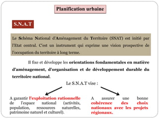 Le Schéma National d’Aménagement du Territoire (SNAT) est initié par
l’Etat central. C’est un instrument qui exprime une vision prospective de
l’occupation du territoire à long terme.
Planification urbaine
S.N.A.T
A assurer une bonne
cohérence des choix
nationaux avec les projets
régionaux.
Il fixe et développe les orientations fondamentales en matière
d’aménagement, d’organisation et de développement durable du
territoire national.
A garantir l’exploitation rationnelle
de l’espace national (activités,
population, ressources naturelles,
patrimoine naturel et culturel).
Le S.N.A.T vise :
 