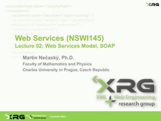 Web Services (NSWI145)
Lecture 02: Web Services Model, SOAP

  Martin Nečaský, Ph.D.
  Faculty of Mathematics and Physics
  Charles University in Prague, Czech Republic




                Summer 2013
 