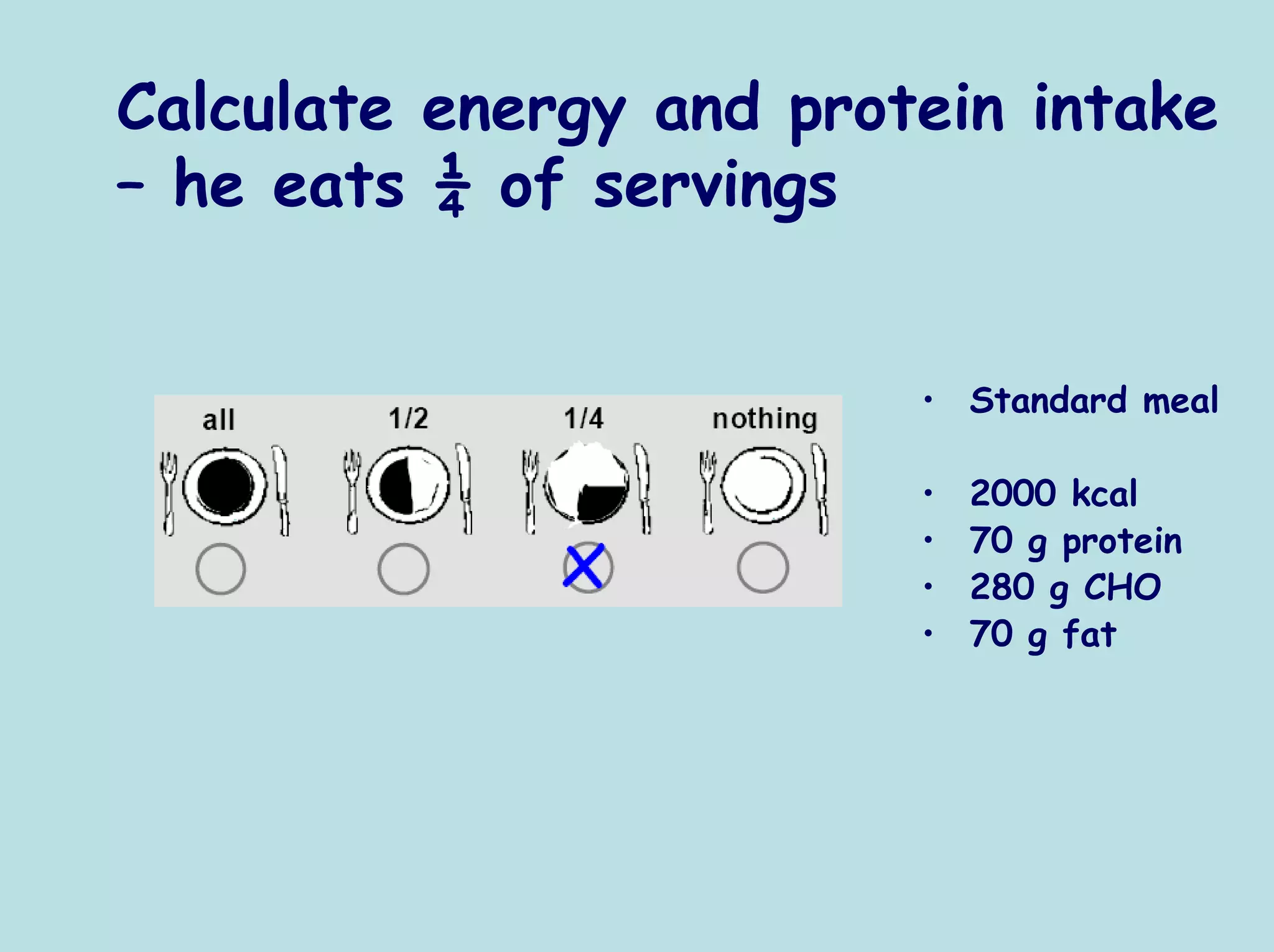 Calculate energy and protein intake
– he eats ¼ of servings


                         • Standard meal

                         •   2000 kcal
                         •   70 g protein
                         •   280 g CHO
                         •   70 g fat
 