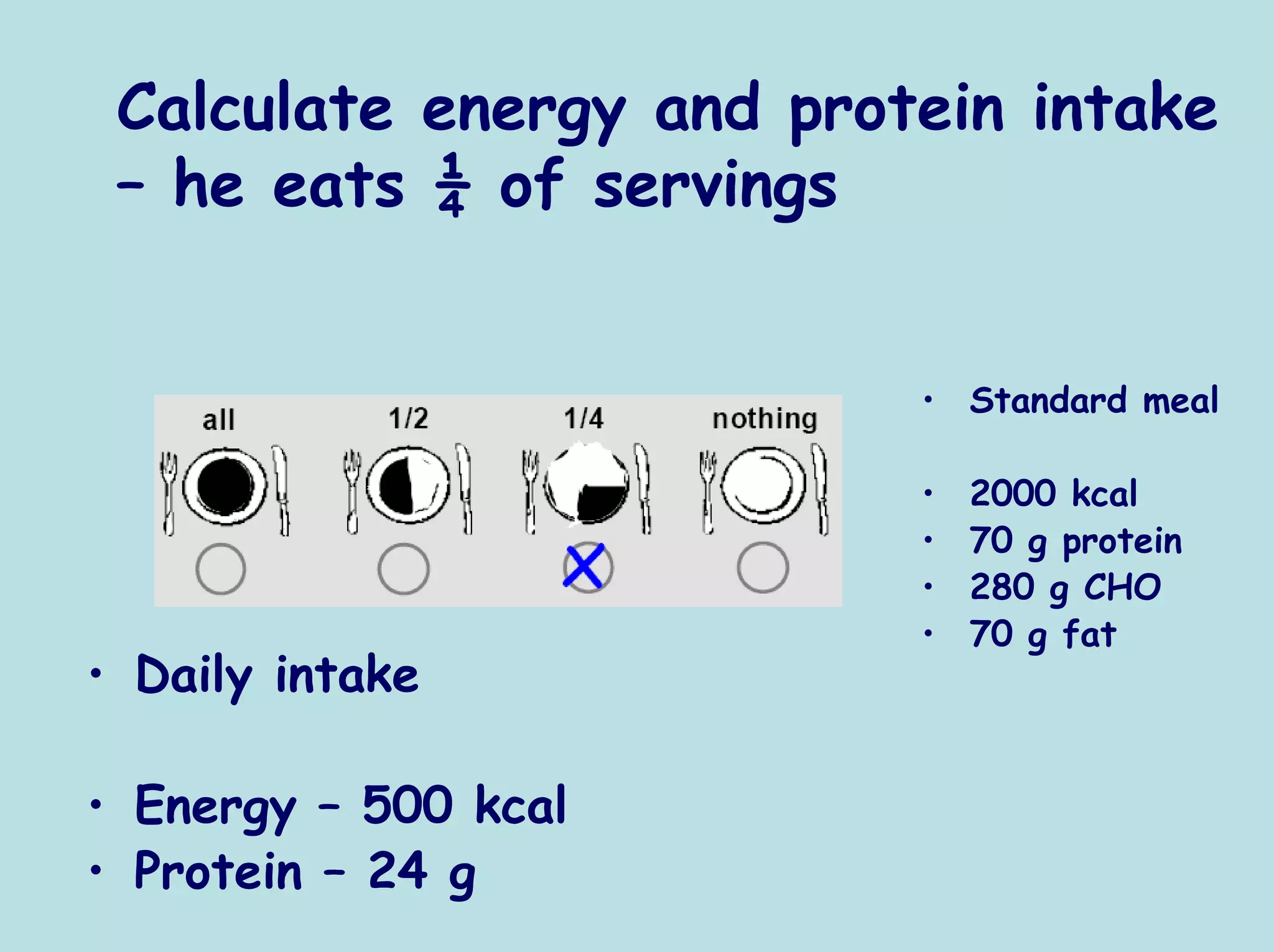 Calculate energy and protein intake
 – he eats ¼ of servings


                          • Standard meal

                          •   2000 kcal
                          •   70 g protein
                          •   280 g CHO
                          •   70 g fat
• Daily intake

• Energy – 500 kcal
• Protein – 24 g
 