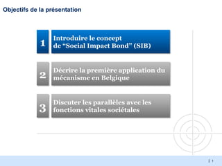 | 1
Objectifs de la présentation
Introduire le concept
de “Social Impact Bond” (SIB)
Discuter les parallèles avec les
fonctions vitales sociétales
1
Décrire la première application du
mécanisme en Belgique2
3
 