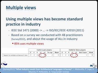 Using multiple views has become standard 
practice in industry 
SEA Group 
• IEEE Std 1471 (2000) -> … -> ISO/IEC/IEEE 42010 (2011) 
• Based on a survey we conducted with 48 practitioners 
[Survey2012], and about the usage of ALs in industry 
 85% uses multiple views 
[Survey2012] “What Industry needs from Architectural Languages: A Survey”, I. Malavolta, P. Lago, H. 
Muccini, P. Pelliccione, A. Tang (under review) 
 