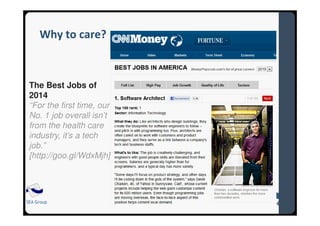 SEA Group
Why to care?
The Best Jobs of
2014
“For the first time, our
No. 1 job overall isn’t
from the health care
industry, it’s a tech
job.”
[http://goo.gl/WdxMjh]
 