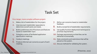 CS215 – Rekayasa Perangkat Lunak – Magister Ilmu Komputer Universitas Budi Luhur
Task Set
1. Make a list of stakeholders for the project.
2. Interview each stakeholder separately to
determine overall wants and needs.
3. Build a preliminary list of functions and features
based on stakeholder input.
4. Schedule a series of facilitated application
specification meetings.
5. Conduct meetings.
6. Produce informal user scenarios as part of each
meeting.
7. Refine user scenarios based on stakeholder
feedback.
8. Build a revised list of stakeholder requirements.
9. Use quality function deployment techniques to
prioritize requirements.
10. Package requirements so that they can be
delivered incrementally.
11. Note constraints and restrictions that will be
placed on the system.
12. Discuss methods for validating the system.
[Pressman, 2010]
For a larger, more complex software project:
 
