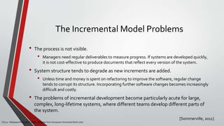 The Incremental Model Problems
• The process is not visible.
• Managers need regular deliverables to measure progress. If systems are developed quickly,
it is not cost-effective to produce documents that reflect every version of the system.
• System structure tends to degrade as new increments are added.
• Unless time and money is spent on refactoring to improve the software, regular change
tends to corrupt its structure. Incorporating further software changes becomes increasingly
difficult and costly.
• The problems of incremental development become particularly acute for large,
complex, long-lifetime systems, where different teams develop different parts of
the system.
CS215 – Rekayasa Perangkat Lunak – Magister Ilmu Komputer Universitas Budi Luhur
[Sommerville, 2011]
 