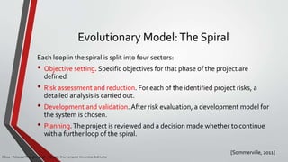 Evolutionary Model:The Spiral
[Sommerville, 2011]
CS215 – Rekayasa Perangkat Lunak – Magister Ilmu Komputer Universitas Budi Luhur
Each loop in the spiral is split into four sectors:
• Objective setting. Specific objectives for that phase of the project are
defined
• Risk assessment and reduction. For each of the identified project risks, a
detailed analysis is carried out.
• Development and validation. After risk evaluation, a development model for
the system is chosen.
• Planning.The project is reviewed and a decision made whether to continue
with a further loop of the spiral.
 