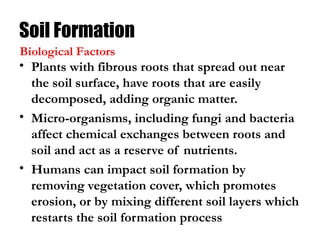 Soil Formation
• Plants with fibrous roots that spread out near
the soil surface, have roots that are easily
decomposed, adding organic matter.
• Micro-organisms, including fungi and bacteria
affect chemical exchanges between roots and
soil and act as a reserve of nutrients.
• Humans can impact soil formation by
removing vegetation cover, which promotes
erosion, or by mixing different soil layers which
restarts the soil formation process
Biological Factors
 