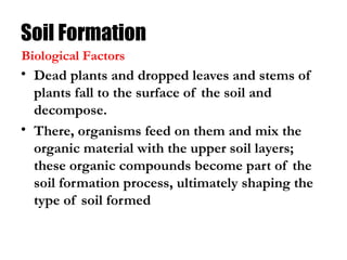 Soil Formation
• Dead plants and dropped leaves and stems of
plants fall to the surface of the soil and
decompose.
• There, organisms feed on them and mix the
organic material with the upper soil layers;
these organic compounds become part of the
soil formation process, ultimately shaping the
type of soil formed
Biological Factors
 