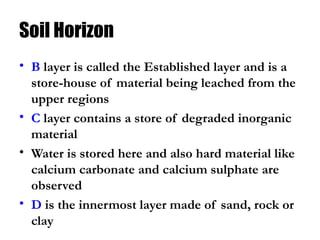 Soil Horizon
• B layer is called the Established layer and is a
store-house of material being leached from the
upper regions
• C layer contains a store of degraded inorganic
material
• Water is stored here and also hard material like
calcium carbonate and calcium sulphate are
observed
• D is the innermost layer made of sand, rock or
clay
 