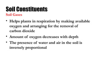 Soil Constituents
• Helps plants in respiration by making available
oxygen and arranging for the removal of
carbon dioxide
• Amount of oxygen decreases with depth
• The presence of water and air in the soil is
inversely proportional
Soil Gases
 