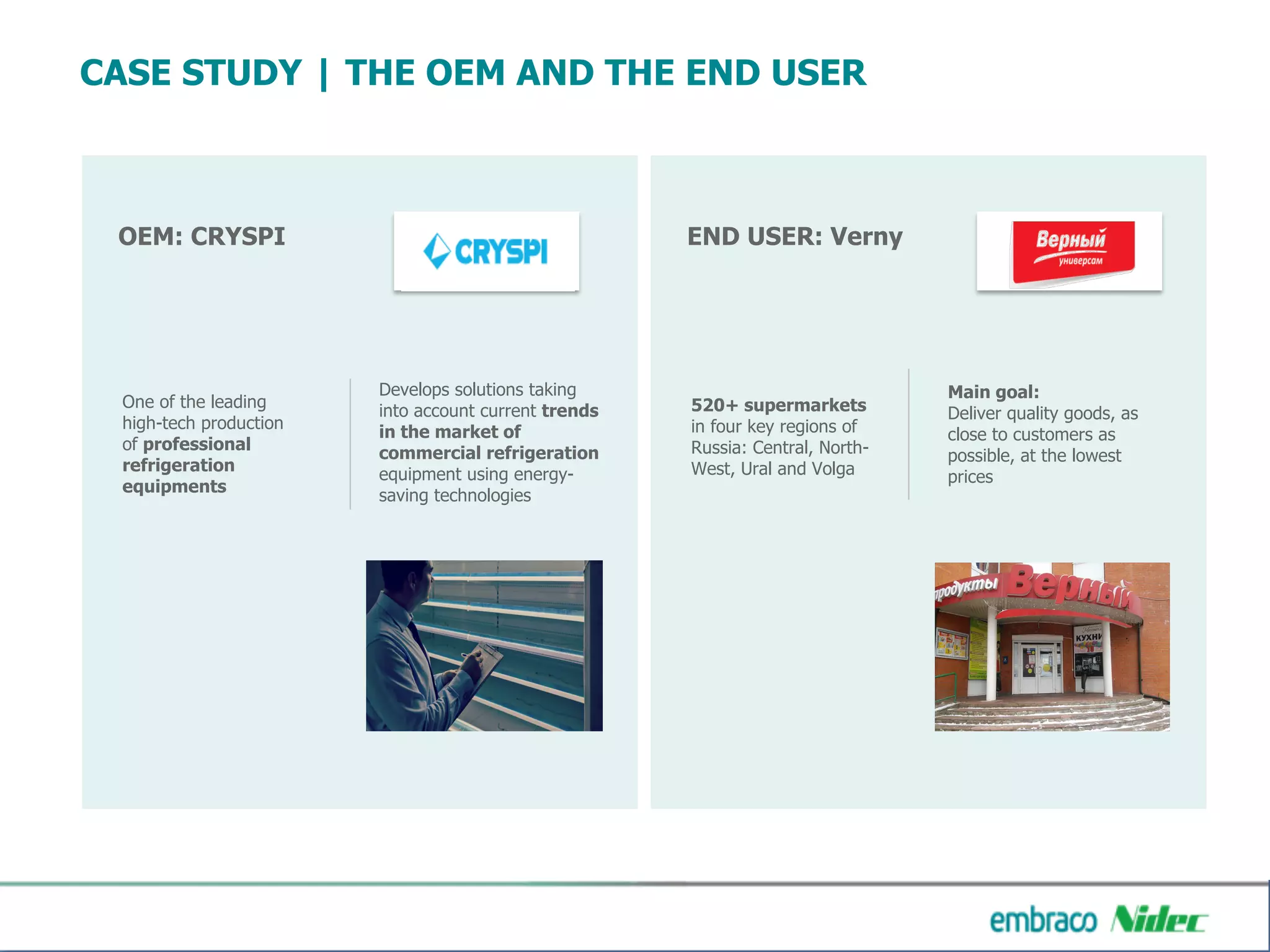 CASE STUDY | THE OEM AND THE END USER
END USER: Verny
520+ supermarkets
in four key regions of
Russia: Central, North-
West, Ural and Volga
Main goal:
Deliver quality goods, as
close to customers as
possible, at the lowest
prices
OEM: CRYSPI
One of the leading
high-tech production
of professional
refrigeration
equipments
Develops solutions taking
into account current trends
in the market of
commercial refrigeration
equipment using energy-
saving technologies
 