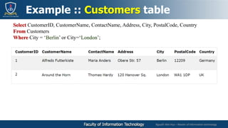 Nguyễn Mai Huy – Master of Information technology
Select CustomerID, CustomerName, ContactName, Address, City, PostalCode, Country
From Customers
Where City = ‘Berlin’ or City=‘London’;
Example :: Customers table
 
