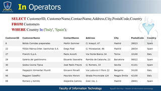 Nguyễn Mai Huy – Master of Information technology
In Operators
SELECT CustomerID, CustomerName,ContactName,Address,City,PostalCode,Country
FROM Customers
WHERE Country In ('Italy', 'Spain');
 