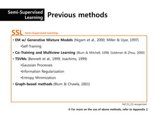 Semi-Supervised
       Learning          Previous methods

 SSL     Semi-Supervised Learning

  • EM w/ Generative Mixture...