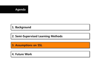 Agenda




1. Background


2. Semi-Supervised Learning Methods


3. Assumptions on SSL


4. Future Work
 