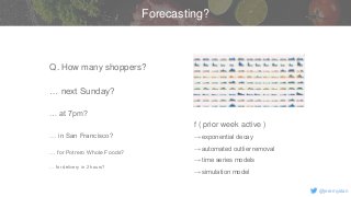 v
@jeremystan
Forecasting?
Q. How many shoppers?
… next Sunday?
… at 7pm?
… in San Francisco?
… for Potrero Whole Foods?
…...