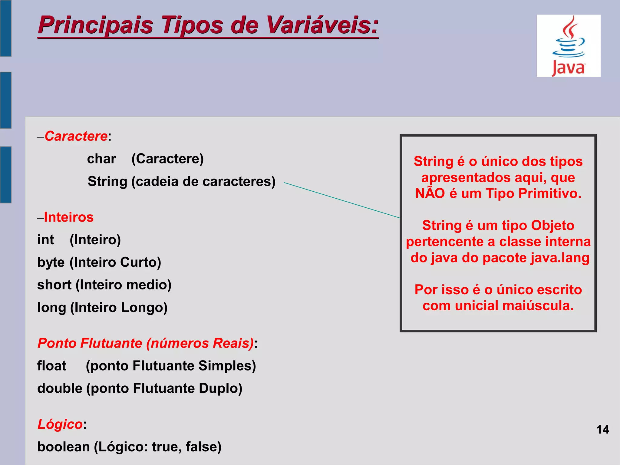 –Caractere:
char (Caractere)
String (cadeia de caracteres)
–Inteiros
int (Inteiro)
byte (Inteiro Curto)
short (Inteiro medio)
long (Inteiro Longo)
Ponto Flutuante (números Reais):
float (ponto Flutuante Simples)
double (ponto Flutuante Duplo)
Lógico:
boolean (Lógico: true, false)
Principais Tipos de Variáveis:
String é o único dos tipos
apresentados aqui, que
NÃO é um Tipo Primitivo.
String é um tipo Objeto
pertencente a classe interna
do java do pacote java.lang
Por isso é o único escrito
com unicial maiúscula.
14
 