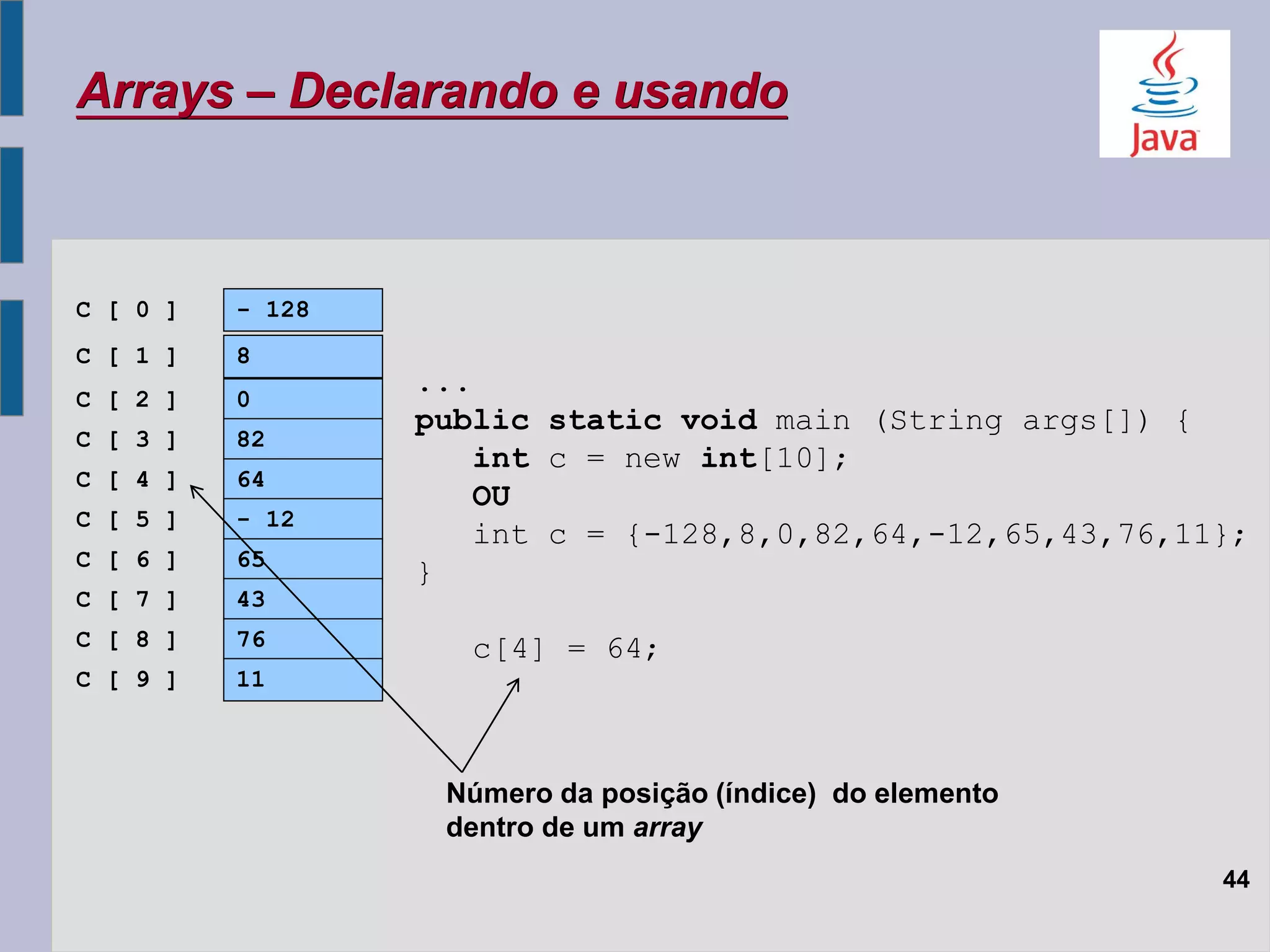 Arrays – Declarando e usando
44
C [ 0 ] - 128
C [ 1 ] 8
C [ 2 ] 0
C [ 3 ] 82
C [ 4 ] 64
C [ 5 ] - 12
C [ 6 ] 65
C [ 7 ] 43
C [ 8 ] 76
C [ 9 ] 11
Número da posição (índice) do elemento
dentro de um array
...
public static void main (String args[]) {
int c = new int[10];
OU
int c = {-128,8,0,82,64,-12,65,43,76,11};
}
c[4] = 64;
 