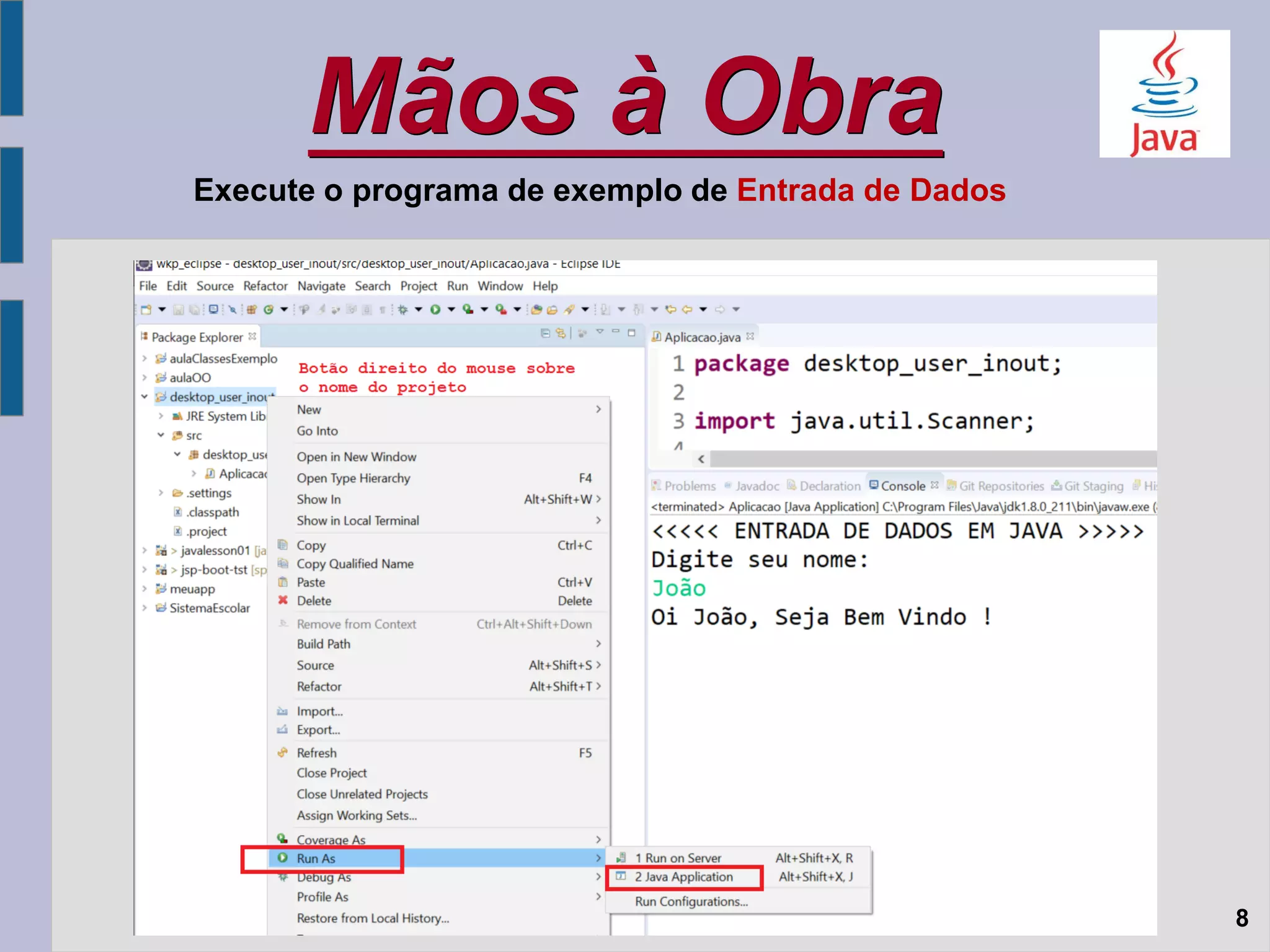 Mãos à Obra
8
Execute o programa de exemplo de Entrada de Dados
 