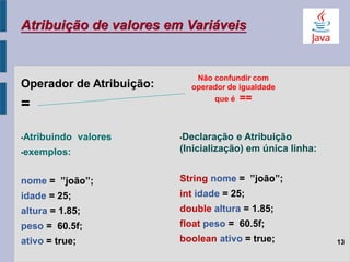 Atribuição de valores em Variáveis
Operador de Atribuição:
=
•Atribuindo valores
•exemplos:
nome = ”joão”;
idade = 25;
altura = 1.85;
peso = 60.5f;
ativo = true;
Não confundir com
operador de igualdade
que é ==
13
•Declaração e Atribuição
(Inicialização) em única linha:
String nome = ”joão”;
int idade = 25;
double altura = 1.85;
float peso = 60.5f;
boolean ativo = true;
 