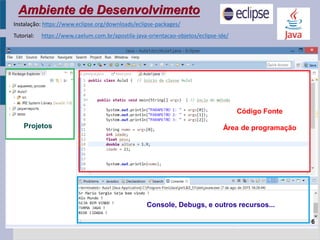 Ambiente de Desenvolvimento
6
Projetos
Código Fonte
Área de programação
Console, Debugs, e outros recursos...
Instalação: https://www.eclipse.org/downloads/eclipse-packages/
Tutorial: https://www.caelum.com.br/apostila-java-orientacao-objetos/eclipse-ide/
 