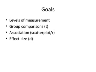 Goals
•   Levels of measurement
•   Group comparisons (t)
•   Association (scatterplot/r)
•   Effect-size (d)
 