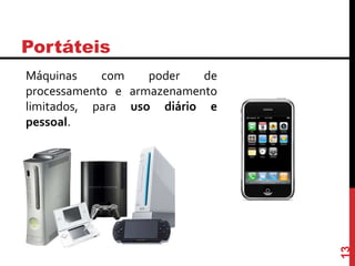 Portáteis
Máquinas com poder de
processamento e armazenamento
limitados, para uso diário e
pessoal.
13
 