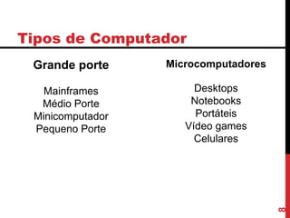 Tipos de Computador
Grande porte
Mainframes
Médio Porte
Minicomputador
Pequeno Porte
8
Microcomputadores
Desktops
Notebooks
Portáteis
Vídeo games
Celulares
 