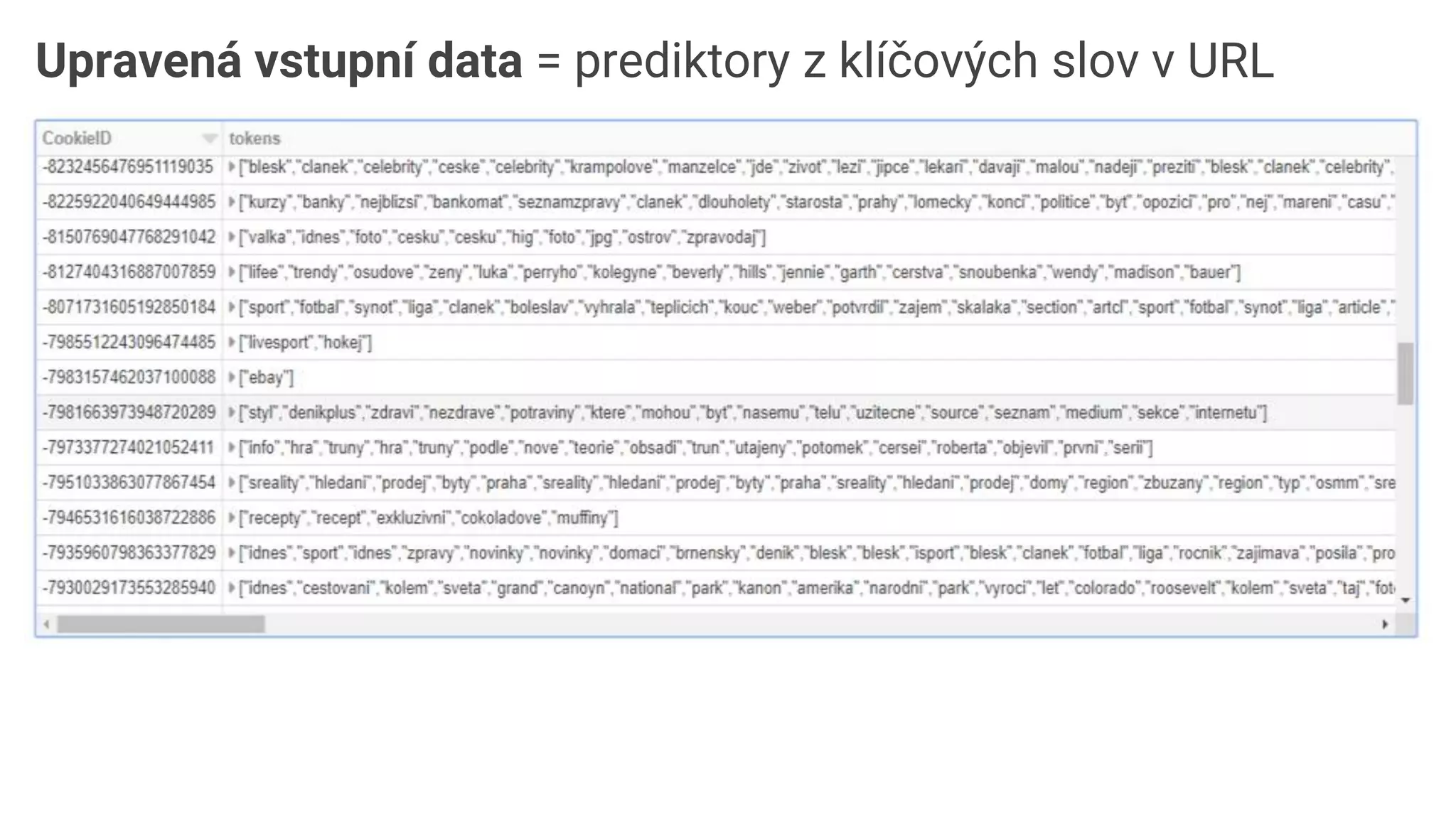 Upravená vstupní data = prediktory z klíčových slov v URL
 