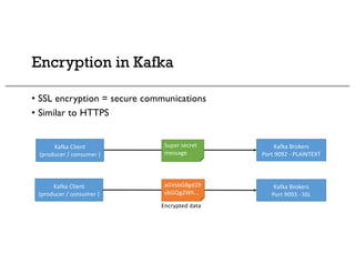 Encryption in Kafka
• SSL encryption = secure communications
• Similar to HTTPS
Super secret
message
Kafka Client
(producer / consumer )
Kafka Brokers
Port 9093 - SSL
aGVsbG8gd29
ybGQgZWh…
Encrypted data
Kafka Client
(producer / consumer )
Kafka Brokers
Port 9092 - PLAINTEXT
 