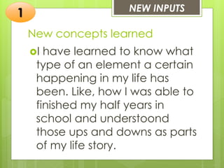 New concepts learned
I have learned to know what
type of an element a certain
happening in my life has
been. Like, how I was able to
finished my half years in
school and understoond
those ups and downs as parts
of my life story.
NEW INPUTS
1
 
