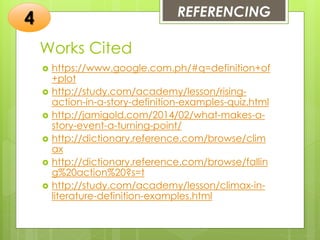 Works Cited
 https://www.google.com.ph/#q=definition+of
+plot
 http://study.com/academy/lesson/rising-
action-in-a-story-definition-examples-quiz.html
 http://jamigold.com/2014/02/what-makes-a-
story-event-a-turning-point/
 http://dictionary.reference.com/browse/clim
ax
 http://dictionary.reference.com/browse/fallin
g%20action%20?s=t
 http://study.com/academy/lesson/climax-in-
literature-definition-examples.html
REFERENCING
4
 