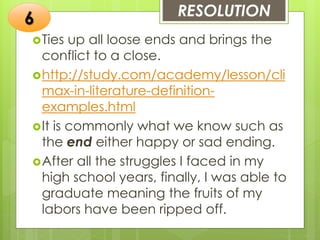 RESOLUTION
Ties up all loose ends and brings the
conflict to a close.
http://study.com/academy/lesson/cli
max-in-literature-definition-
examples.html
It is commonly what we know such as
the end either happy or sad ending.
After all the struggles I faced in my
high school years, finally, I was able to
graduate meaning the fruits of my
labors have been ripped off.
6
 