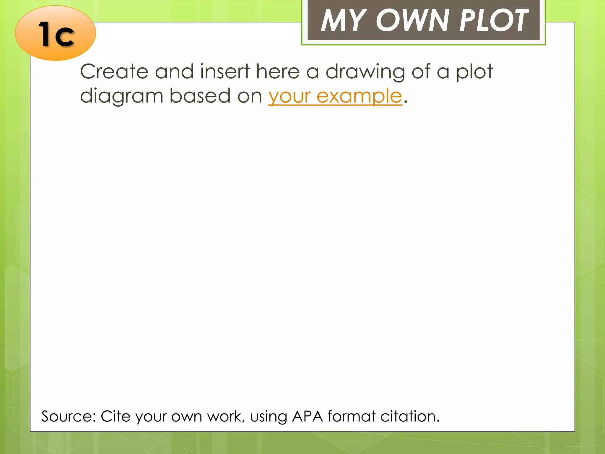MY OWN PLOT
Create and insert here a drawing of a plot
diagram based on your example.
Source: Cite your own work, using APA format citation.
1c
 