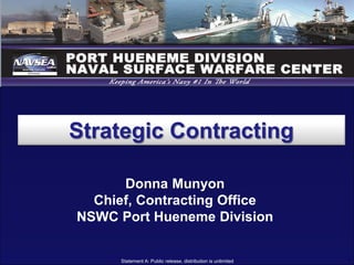 1Statement A: Public release, distribution is unlimited
INDUSTRY FORUM
Contracting Department
Donna Munyon
Chief, Contracting Office
NSWC Port Hueneme Division
Strategic Contracting
 