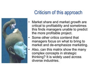 Criticism of this approach
• Market share and market growth are
critical to profitability and sometimes
this finds managers unable to predict
the more profitable project.
• Some other critics contend that
managers focus on what to bring to
market and de-emphasize marketing.
• Also, can this matrix show the many
complex concepts in strategic
thinking? It is widely used across
diverse industries.
 