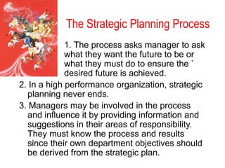 The Strategic Planning Process
1. The process asks manager to ask
what they want the future to be or
what they must do to ensure the `
desired future is achieved.
2. In a high performance organization, strategic
planning never ends.
3. Managers may be involved in the process
and influence it by providing information and
suggestions in their areas of responsibility.
They must know the process and results
since their own department objectives should
be derived from the strategic plan.
 
