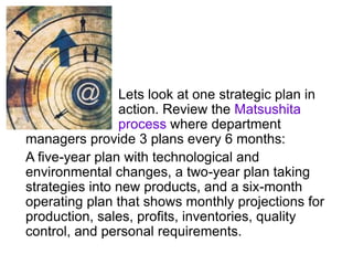 Lets look at one strategic plan in
action. Review the Matsushita
process where department
managers provide 3 plans every 6 months:
A five-year plan with technological and
environmental changes, a two-year plan taking
strategies into new products, and a six-month
operating plan that shows monthly projections for
production, sales, profits, inventories, quality
control, and personal requirements.
 