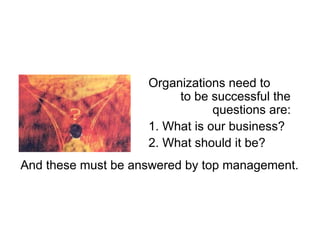 Organizations need to
reflect to be successful the
critical questions are:
1. What is our business?
2. What should it be?
And these must be answered by top management.
 
