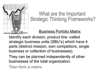 Business Porfolio Matrix
Identify each division, product line -called
strategic business units (SBU’s) which have 4
parts (distinct mission, own competitors, single
business or collection of businesses).
They can be planned independently of other
businesses of the total organization.
Then form a matrix.
What are the Important
Strategic Thinking Frameworks?
 
