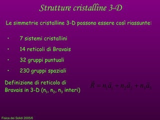 Strutture cristalline 3-D Le simmetrie cristalline 3-D possono essere così riassunte: ,[object Object],[object Object],[object Object],[object Object],Definizione di reticolo di Bravais in 3-D (n 1 , n 2 , n 3  interi) 