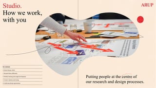Studio.
How we work,
with you
Putting people at the centre of
our research and design processes.
Our methods:
A shared design culture
1.Research done differently
2.Problem framing and insight development
3.Creative ideation and testing
4.Catalysing design opportunities
 